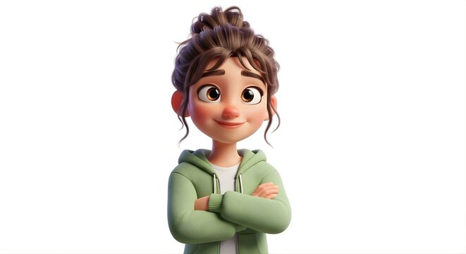3D Animated Girl Character with Crossed Arms and Confident Smile