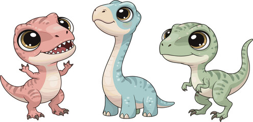 Cute Baby Dinosaur Characters Illustration Set Featuring Cartoon T Rex, Brontosaurus, and Raptor with Big Eyes for Kids Design © MST HASMOTARA
