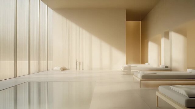 Serene interior of a modern wellness center featuring multiple lounge beds and a reflective pool with soft natural light streaming through large windows, creating a peaceful atmosphere