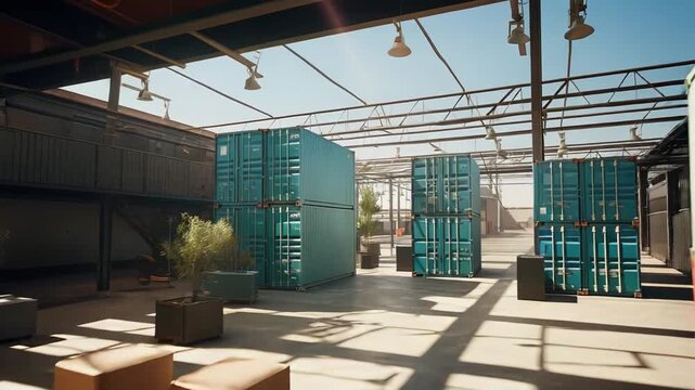 Shipping containers are creatively repurposed into a modern, adaptable architectural space, establishing an innovative industrial design environment for commercial use