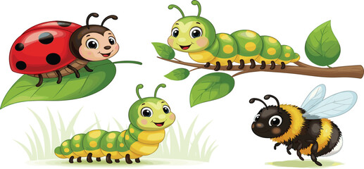 Obraz premium Cute Garden Insect Cartoon Set Featuring Ladybug, Caterpillar and Bee Characters on Leaves for Kids Nature Illustration Design