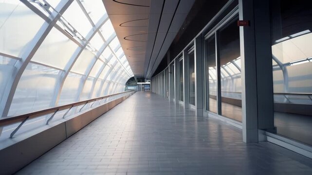 Modern architecture shaping an empty glass corridor or walkway, creating a sense of forward movement, journey, and connection bathed in soft natural light