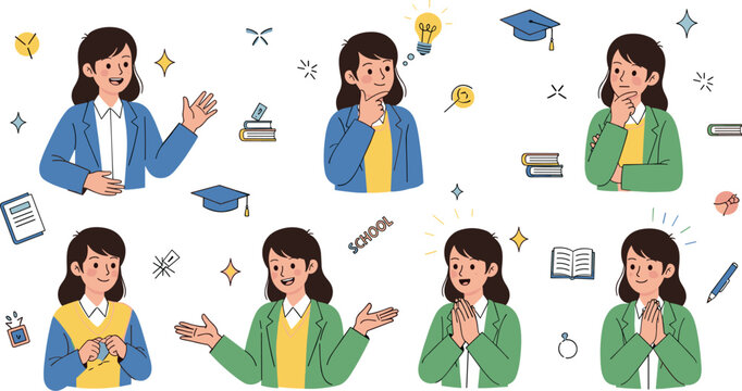 Female student expressions set with learning emotions, thinking studying and communication cartoon vector illustration collection