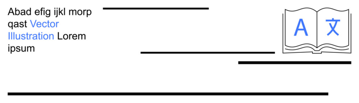 Language learning, translation tools, global communication, education, multilingual content, knowledge sharing. Book icon with translation symbols and text lines. Language learning and translation