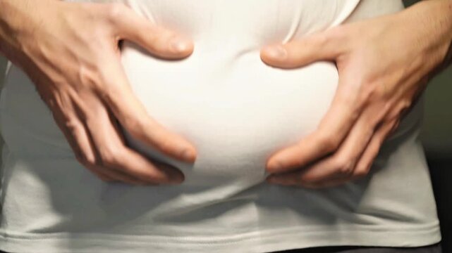 Man in white t‑shirt showing belly fat