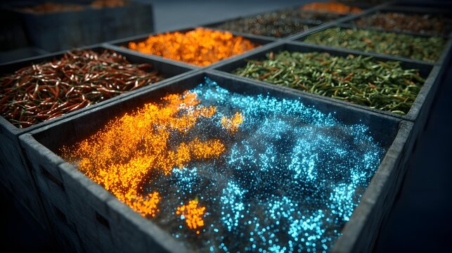 alley filled with stacked neon crates and delivery drones hovering overhead