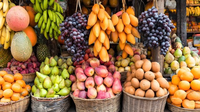 of fruit stall in local market with symmetrical arrangement and clean background