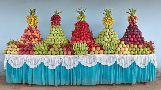 of fruit stall in local market with symmetrical arrangement and clean background