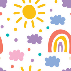 Pastel rainbow and cloud themes. Bright rainbow and cloud patterns create cheerful nursery surroundings. Gentle pastel colors with scattered dots and repeated motifs for baby textiles © Yanka