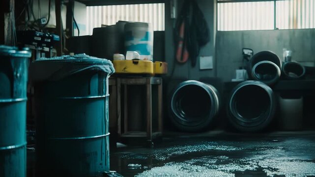 Rough industrial interior featuring two blue storage drums and a wet, soiled concrete floor with spilled granular material, reflecting the dim light from a window