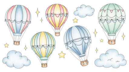 Naklejka premium Colorful hot air balloons float amidst fluffy clouds and twinkling stars in a serene sky scene.