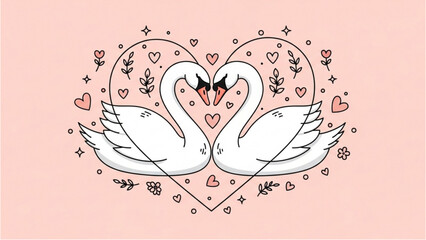 Two swans form a heart shape with hearts and flowers around them. © Stock Image Paradise