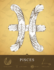 Modern magic witchcraft card with astrology Pisces zodiac sign characteristic. Hand drawing art product. Vector illustration © annbozhko