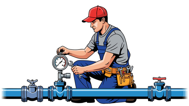 Man fixing blue pipe.