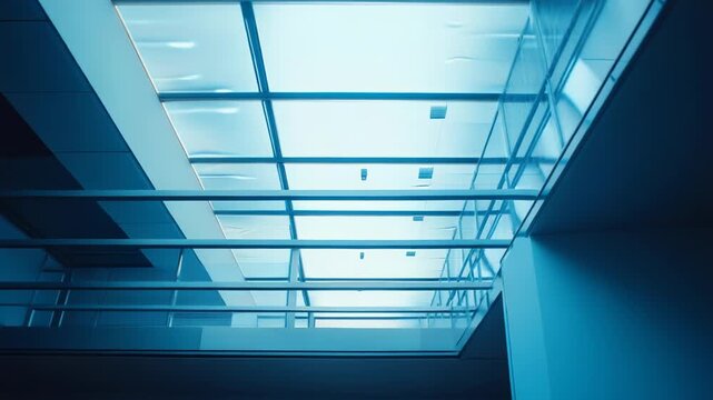 Contemporary building interior features sleek lines and glass panels, creating a spacious and airy atmosphere, with natural light filtering through the overhead skylight