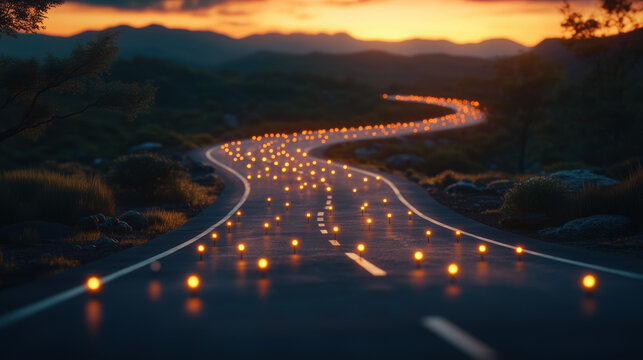 curved road at sunset with illuminated map pins forming timeline steps, leadership and vision theme