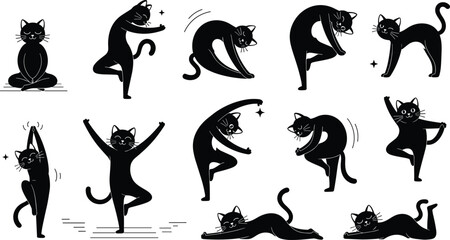 Fototapeta premium Funny Cat Yoga Silhouette Set with Stretching Poses Playful Kitty Characters and Relaxation Exercises for Pet Lovers Fitness Design
