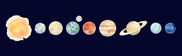 Watercolor-style mystic solar system planets set, earth, mars, jupiter, saturn, space illustration／水彩　惑星 © BN studio