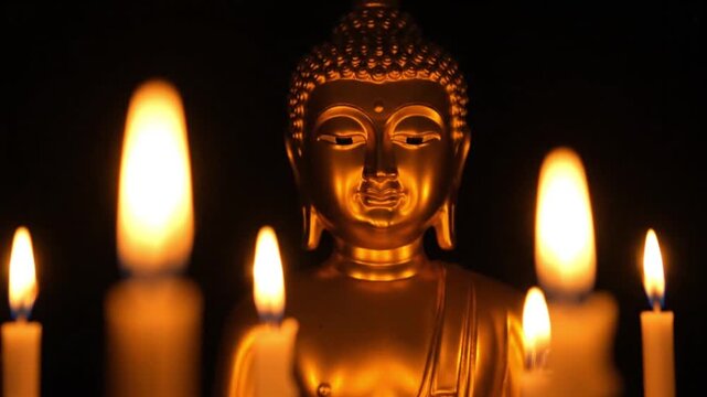 Buddha Statue Surrounded by Candles in Warm Dim Lighting