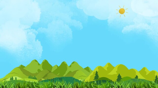 Summer landscape animated illustration with green grass trees hills and bright sky