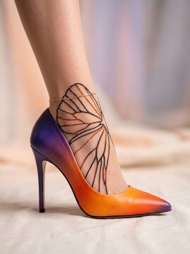Lepidoptera Ombr&eacute; Heel & Wing-Vein Stocking: A model&rsquo;s foot, wearing a sheer stocking with butterfly wing-vein patterns, rests inside a pump that gradients from soft orange to deep violet like a monar