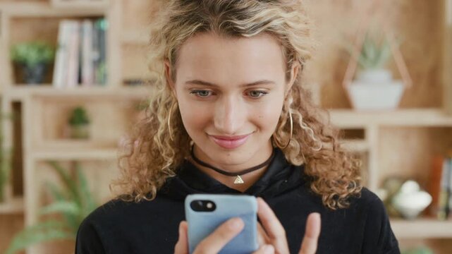 Teenager, scroll and confused in home with phone, social media post and notification for text message. Girl, frown and reading blog in house with tech, browsing website or mobile app for online chat.