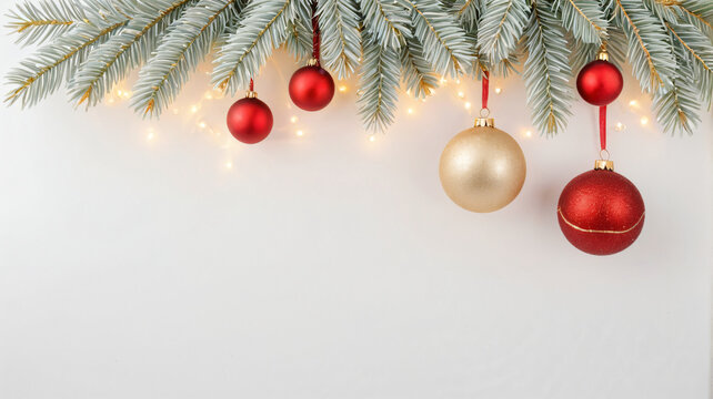 Tannenzweige mit roten und goldenen Weihnachtskugeln