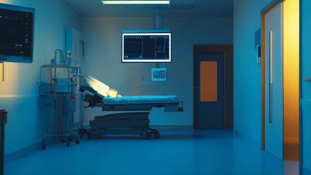 Hospital icu room with an empty patient bed, vital sign monitors and medical equipment illuminated by cool blue and warm yellow lighting, conveying advanced clinical care and calm