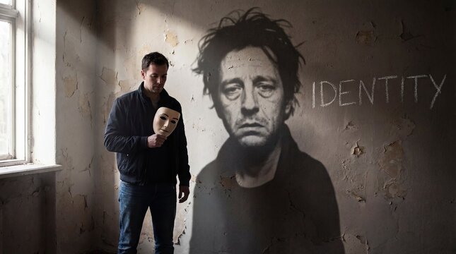 Man holding a mask abandoned room conceptual photography urban environment introspective viewpoint identity crisis