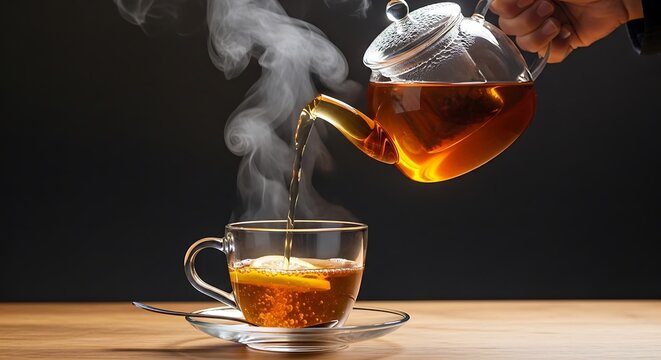 Steaming cup of tea being poured from glass teapot on wooden table