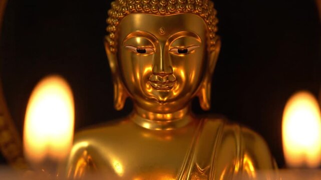 Golden Buddha Statue Illuminated by Warm Candlelight in Quiet Shrine