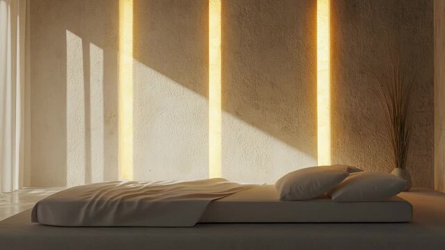Minimalist bedroom featuring a low platform style bed with soft bedding, pillows, warm linear lighting, and natural sunbeams casting shadows, creating a serene and timeless atmosphere