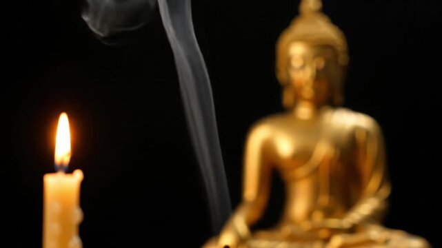 Golden Buddha Shrine Moment Lighting a Candle in Quiet Meditation Setting
