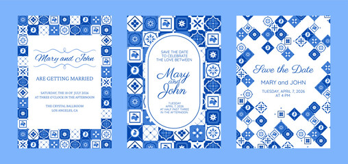 Bridal invitation card with Mediterranean, Italian blue tile, Amalfi wedding postcard vector designs set, Save the date © sabelskaya