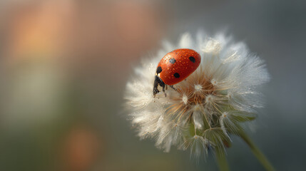 Obraz premium Ladybug on Dandelion Seed Head Macro Nature Photography. AI generative.