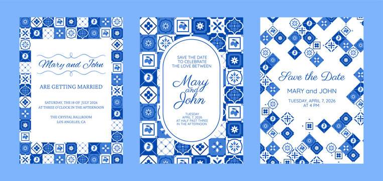 Bridal invitation card with Mediterranean, Italian blue tile, Amalfi wedding postcard vector designs set, Save the date