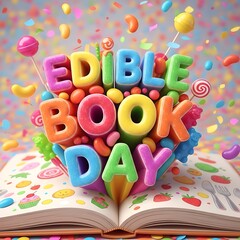Fototapeta premium Vibrant edible book day illustration with colorful candy and confetti