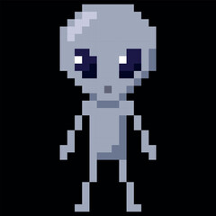 Obraz premium A gray pixelated alien with a large head, black eyes, arms, and legs, 8-bit.