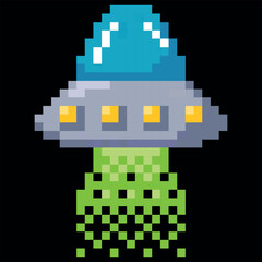 Naklejka premium Alien spaceship, UFO spacecraft vector pixel art, cartoon cosmos unidentified round sauce shuttle with green flame
