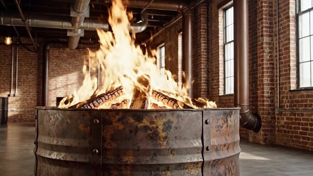 Large fire pit in rusty barrel within industrial brick loft