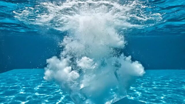 Large ice block creating a splash in a vibrant blue swimming pool