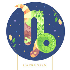 Modern magic witchcraft card with astrology cartoon Capricorn zodiac sign. Flat design. Vector illustration © annbozhko