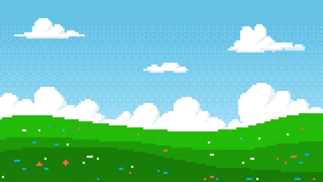Pixel art lawn game background, green grass, blue sky and clouds, vector c8 bit video game summer day hilly landscape