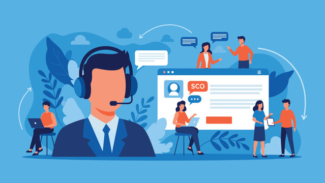 Vibrant customer support center illustration with a large central operator using a headset and various people interacting in the background for service.