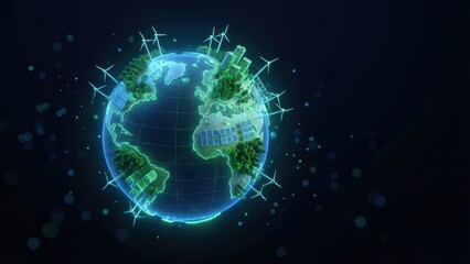 Obraz premium Futuristic glowing earth globe with wind turbine and solar panel renewable energy on dark background