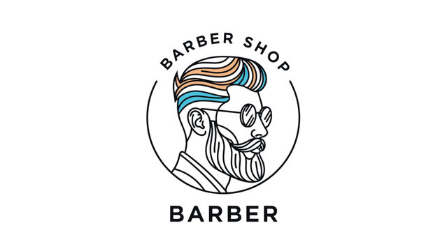 Barbershop professional emblem with a line art illustration of a man with a stylish beard and trendy modern hairstyle.