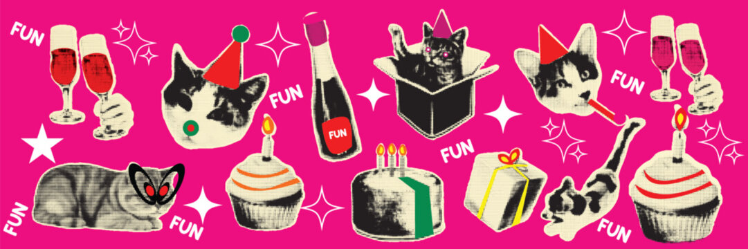 Halftone pop art dot champagne glass wine glass party hat bottle cake candle gift box cat celebration birthday party elements vector illustration