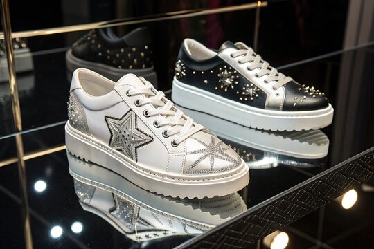 Shiny white sneakers with star embellishments gleam