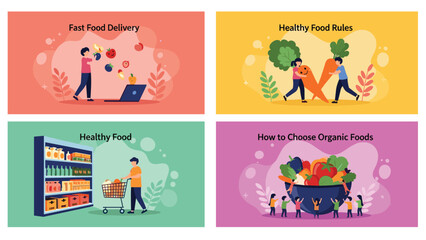 Fototapeta premium Healthy food and fast delivery banner collection featuring grocery shopping and organic vegetable choice concepts for kids.
