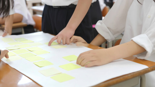 模造紙と付箋で探究学習する高校生